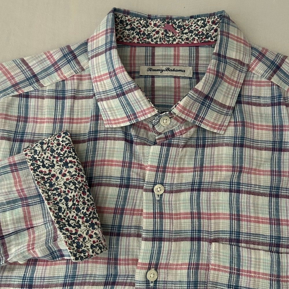 Tommy Bahama Shirt Mens M Blue Pink Plaid 100% Linen‎ Floral Cuffs Button Down